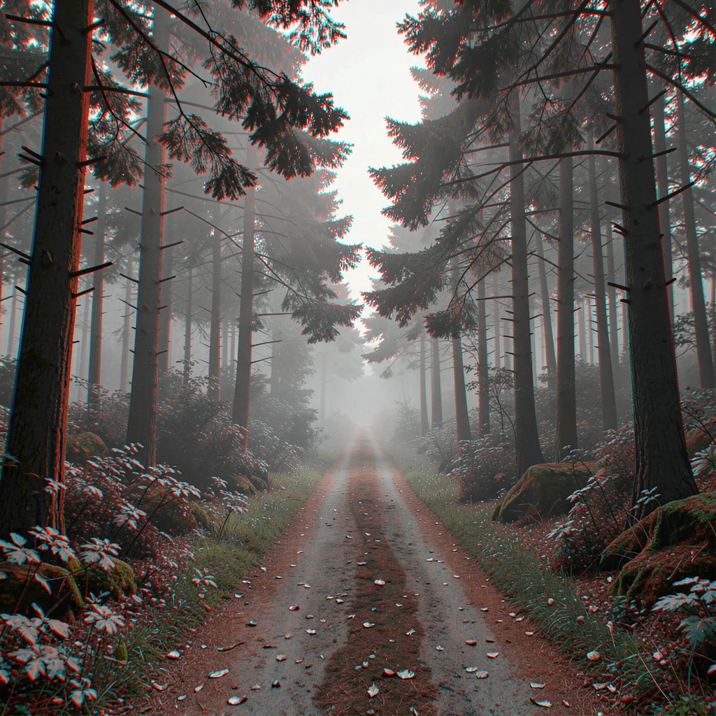Anaglyphic stereo 3D photograph, Forest trail stretching into misty distance, tr