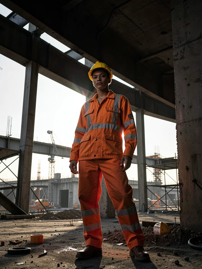 Worker silhouette against I-beam, dramatic backlight, architectural fashion edit