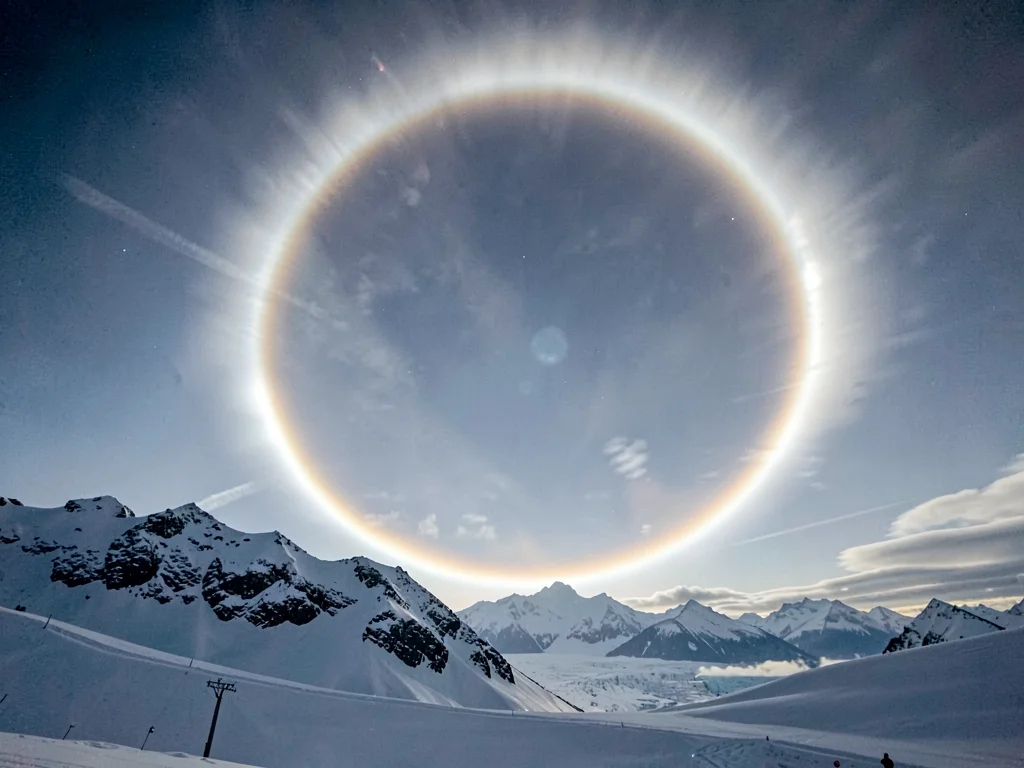 Solar halo against arctic mountain backdrop