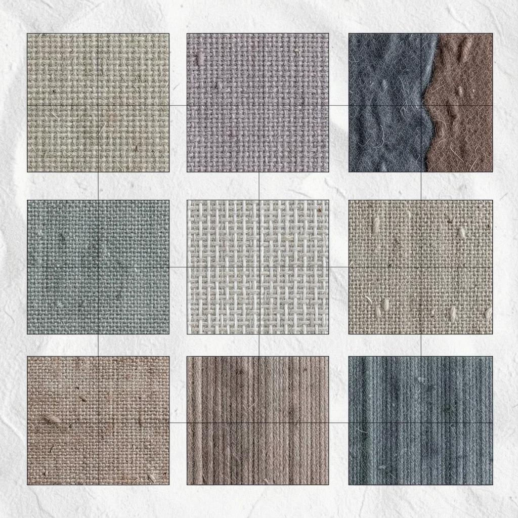 Editorial grid of nine textile weave thumbnails in muted hues on chalk field, ha