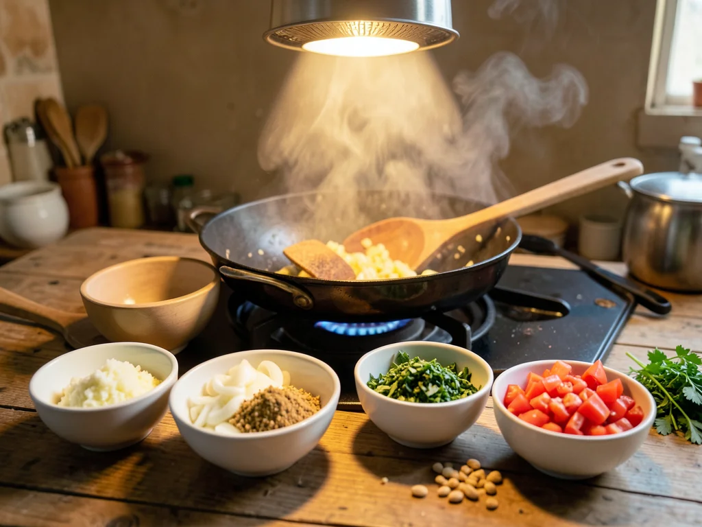 A mise en place moment frozen mid-cooking — six small prep bowls arranged on the