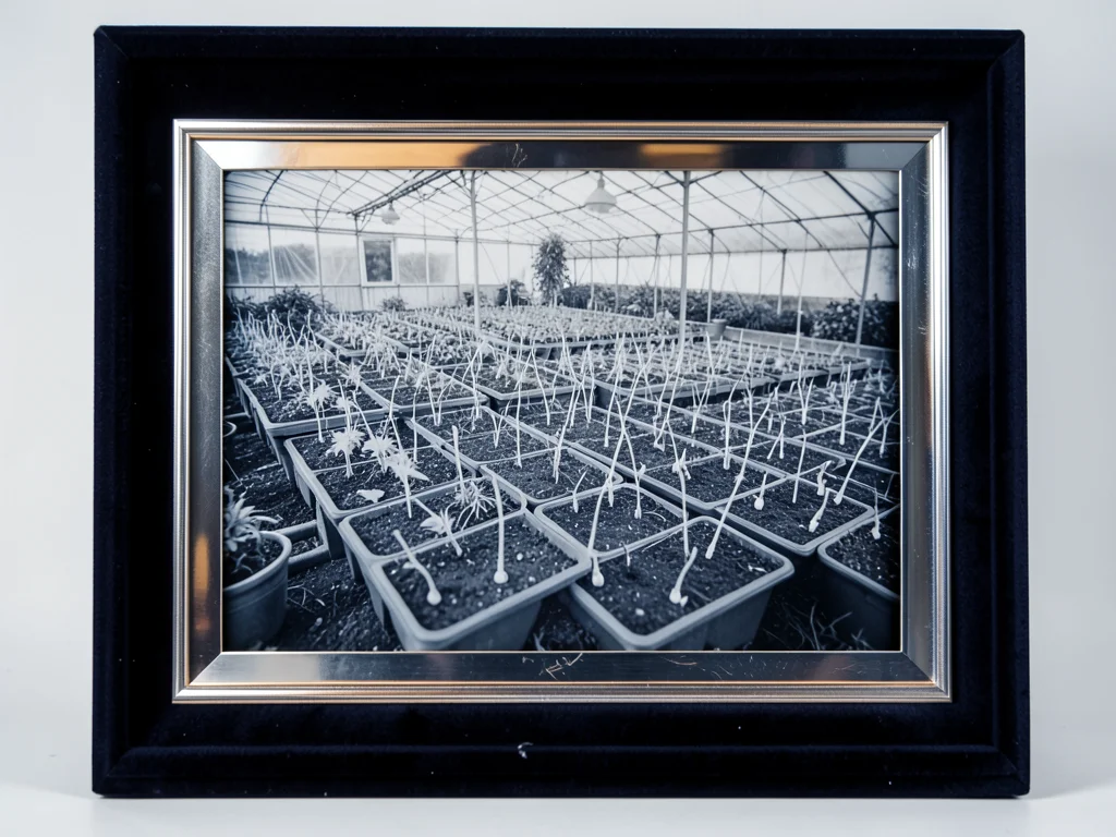 An automated greenhouse watering system with dozens of drip nozzles over seed tr