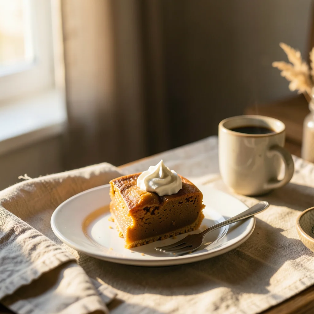 Slice of pumpkin pie on plate with whipped cream, fork, coffee beside