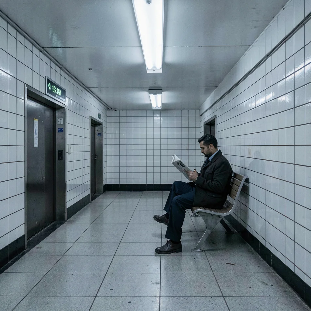 Precise geometric composition, industrial clarity, Underground metro station wit
