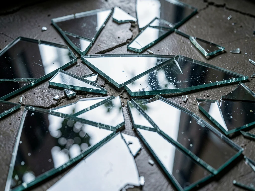 Broken mirror shards on floor, fractured reflections, dangerous beauty