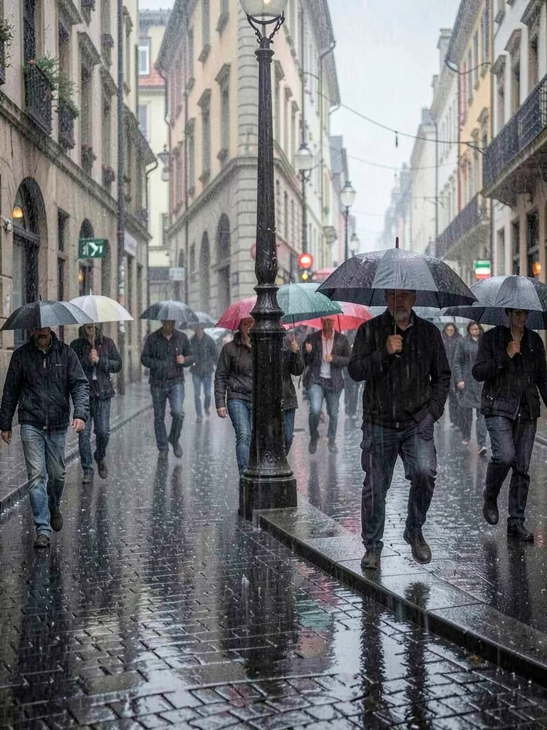 Street corner with umbrella-carrying pedestrians accumulated during rainstorm