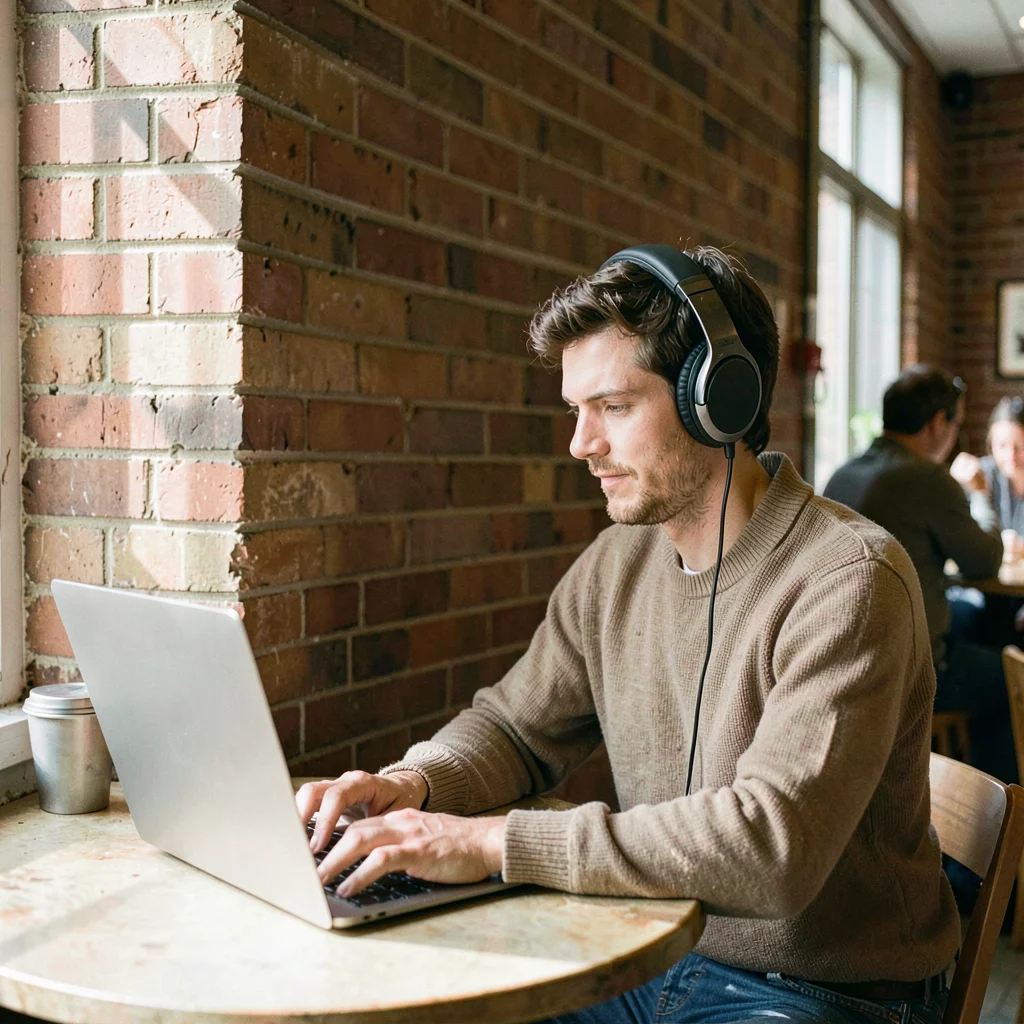 Documentary photograph, Person working from cafe with laptop and noise-canceling